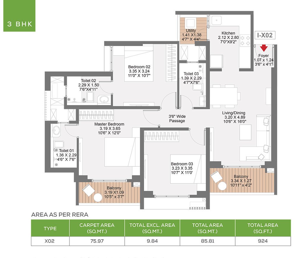 Godrej Evergreen Square 3 BHK Floorplan